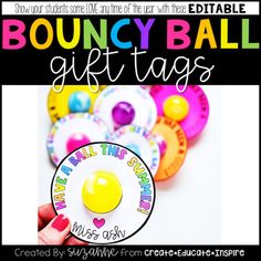 a bunch of candy balls with the words bouncy ball gift tags