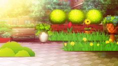 an animated image of a park with benches and flowers