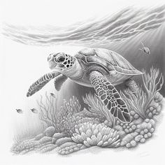 a pencil drawing of a turtle swimming in the ocean with corals and seaweed