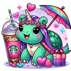 a cute little turtle holding an umbrella next to a cup of coffee and a starbucks drink