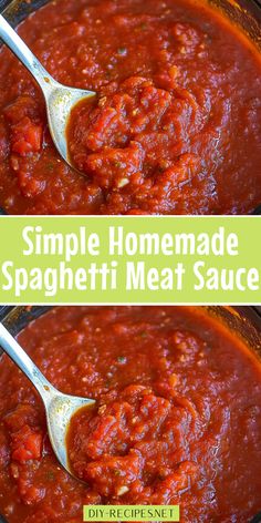 homemade spaghetti meat sauce in a skillet with two pictures showing the same side by side