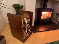 a wood burning stove in a living room next to a potted plant and firewood