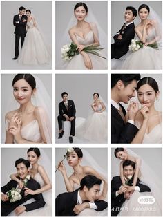 a collage of photos showing the bride and groom posing for pictures with each other