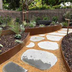 an outdoor garden with stepping stones and plants