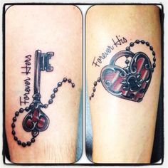 two tattoos on both legs with key and heart