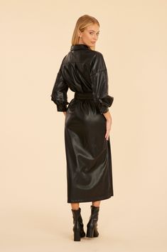 Bring out your rebellious side with our Faux Leather Maxi Dress. This piece features a belt that helps cinch the waist for a more flattering silhouette, as well as scrunched three-quarter sleeves for a relaxed vibe. The maxi length gives this dress a dramatic flair, while the faux leather material exudes a modern edge. Suitable for all kinds of occasions, this maxi dress is the perfect statement piece if you’re going for a chill yet highly stylish look. Faux leather Maxi length Three-quarter sle Leather Maxi Dress, Black Maxi Dress, Three Quarter Sleeves, Quarter Sleeve, Leather Material, Three Quarter, Faux Leather, Dry Clean, Maxi Dress