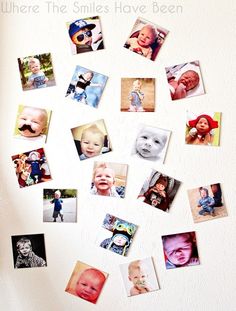 a refrigerator covered in magnets with pictures of baby's faces and mustaches