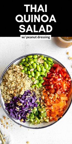 thai quinoa salad with peanut dressing in a bowl