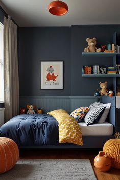 a child's bedroom with blue walls and yellow accents