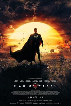 the man of steel movie poster with superman standing in front of an orange and black sky