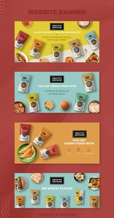 three banners with different types of food and drinks on them, one for the website