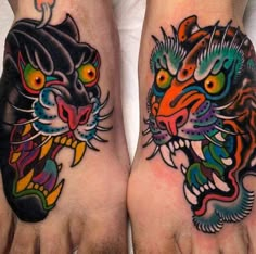 two colorful tiger tattoos on both feet