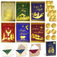 christmas greeting cards and envelopes with gold foil on the front, side, and back