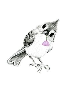 a drawing of a bird with a flower in its beak