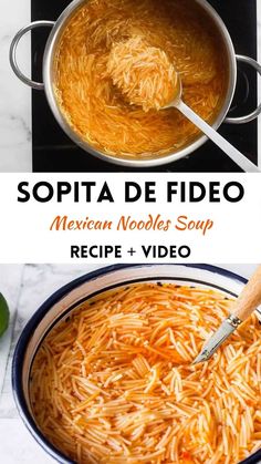 mexican noodle soup in a pot with a wooden spoon