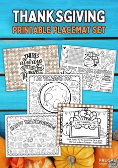 thanksgiving printable placemat set with pumpkins and other fall themed items in the background