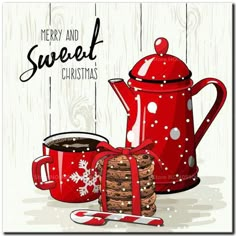 merry and sweet christmas greeting card with red teapot, cookies and cup of coffee