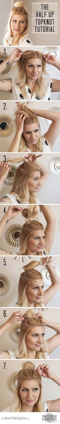 Cool and Easy DIY Hairstyles - The Half Up Top Knot - Quick and Easy Ideas for Back to School Styles for Medium, Short and Long Hair - Fun Tips and Best Step by Step Tutorials for Teens, Prom, Weddings, Special Occasions and Work. Up dos, Braids, Top Knots and Buns, Super Summer Looks http://diyprojectsforteens.com/diy-cool-easy-hairstyles Half Up Top Knot, Cool Easy Hairstyles, Different Hair, Super Hair, Wedding Hairstyles Half Up Half Down, Simple Top, Half Up Half Down Hair, Easy Ideas, Teen Hairstyles