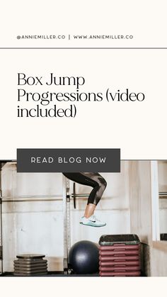 the box jump progression video includes an exercise ball, and a woman jumping over it