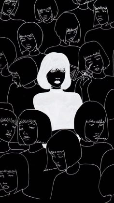 a drawing of a woman surrounded by other women in black and white, with the words