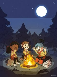 three people sitting around a campfire with the moon in the sky behind them and trees