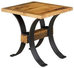 a wooden table with black metal legs and a square wood top on an isolated white background