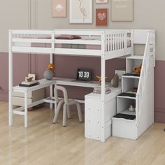 a white bunk bed sitting next to a desk with drawers on it and stairs leading up to the top