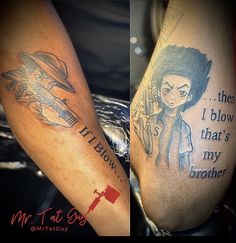 two tattoos on the legs of people with words written on them and an image of a boy