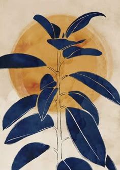 a painting of a plant with blue leaves in front of a yellow and orange sun