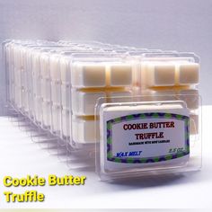 cookies butter truffle packaged in plastic containers with labels on the front and back