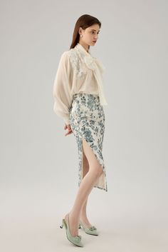 Material: 100% Polyester Flowy Mini Skirt For Spring Cocktail Events, Spring Party Asymmetrical Skirt, Spring Cocktail Flowy Mini Skirt, Feminine Knee-length Skirt For Evening, Feminine Knee-length Evening Skirt, Spring Cocktail Mini Skirt, Formal Long Sequined Skirt, Spring Evening Skirt Bottoms, Spring Evening Skirt