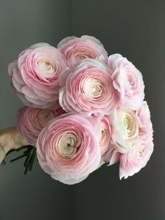 a person holding a bouquet of pink and white flowers in front of a gray wall