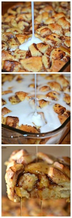 the process of making cinnamon rolls with milk being poured on them and then baked in an oven