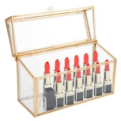 PRICES MAY VARY. 24 Slots Lipstick Holder: Size 9.25*5.5*3.8 inches (total size), 1.06 * 1.06in (size of each slot); The 24 slots lipstick holder perfectly stores and organizes your lipsticks, lip balms and lip gloss, and decorates your dressing table. High Quality Glass Box: Our lipstick organizer is made of high-quality glass and brass,strong and durable,with lead free solder. Features a lid design, which is dust-free and moisture-proof. More texture than acylic box and can protect your lipsti Dresser Countertop, Glass Organizer, Transparent Lipstick, Lipstick Organizer, Perfume Display, Makeup Holder, Cosmetic Display, Counter Display, Crystal Knobs