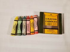 See Photos.  Comes from a clean non smoking home.  All candles are unlit.  Made to look like a Crayola crayon box.  Vintage made in Hong Kong.  No 53-4400-26.  Seller Lot #20008. Listed shipping costs are for the lower 48 (USA) states. For the Eastern US, there is a strong possibility that you will get it with 2 or 3 day shipping. We ship internationally and encourage buyers to use the eBay Global Shipping Program. If there is a difference between the item descripti Crayola Bath Dropz, Vintage Crayons, Crayon Candles, Large Orange Candle, Vintage Crayola Crayons, '60s Gurley Candles Vintage Christmas, Crayola Crayons, Crayon Box, Apple Blossom