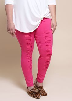 Distressed Jeggings - Fuchsia from Paisley Grace Boutique Stylish Women, Capri Pants, Tights