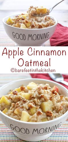 two bowls of oatmeal with apples and walnuts in them, one bowl is