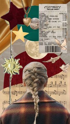 the back of a woman's head, with music notes and stars in the background