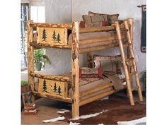 a wooden bunk bed sitting on top of a brown cowhide rug in a bedroom