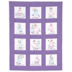 a purple quilt with embroidered pictures of people in different outfits and words on it, including children's names