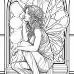 a black and white drawing of a fairy sitting in front of a stained glass window