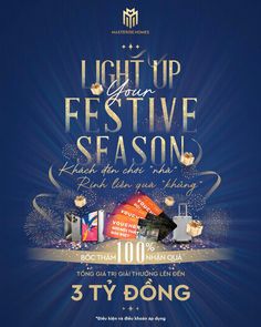 an advertisement for the light up festive season with fireworks and presents on blue background