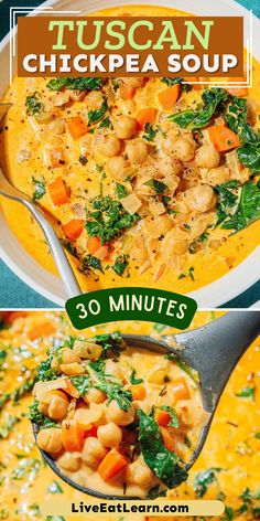 Image of the tuscan chickpea soup. Text reads 30 minutes Vegetarian Soup Recipes, Chickpea Soup, Plant Based Dinner, Vegetarian Main Dishes, Comfort Soup, Vegetarian Soup, Vegetarian Recipes Dinner