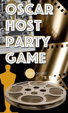 the oscar host party game is shown with an old movie reel and film strip in front of it