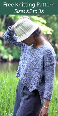 a woman standing in tall grass with her hands on her head and the text free knitting pattern sizes xs to 3x