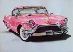 a drawing of a pink classic car