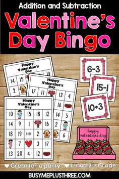 valentine's day bingo game for kids to practice addition and subtraction skills