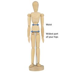 a wooden mannequin with different parts labeled