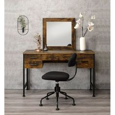 Include: Vanity Desk & Mirror *1Catalog Size: 47"L X 18"W X 53"H Desk: 47"L X 18"W X 29"H Mirror: 24"L X 1"W X 24"HColor: Rustic Oak & Black FinishMaterials (Type of Wood): Particle Board, Paper Veneer, Metal CubeAssembly Required: YesStorage & Clearance Dimensions: Drawer Inner Dimension: LF(2pcs): 9"L x 13"W x 3"H Middle(1pc): 20"L x 13"W x 3"H RF(1pc): 9"L x 13"W x 7"H Leg Space Dimension: 45"L x 17"W x 16"/25"H Mirror Dimension: 18"L x 18"HFloor Clearance: 25"/16" Color: Brown. Vanity Desk Mirror, Makeup Table With Mirror, Dresser Table, Rustic Luxe, Vintage Dressing Tables, Desk Mirror, Rustic Wood Frame, Acme Furniture, Vanity Desk