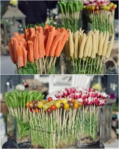 carrots, celery, and other vegetables are arranged in glass vases